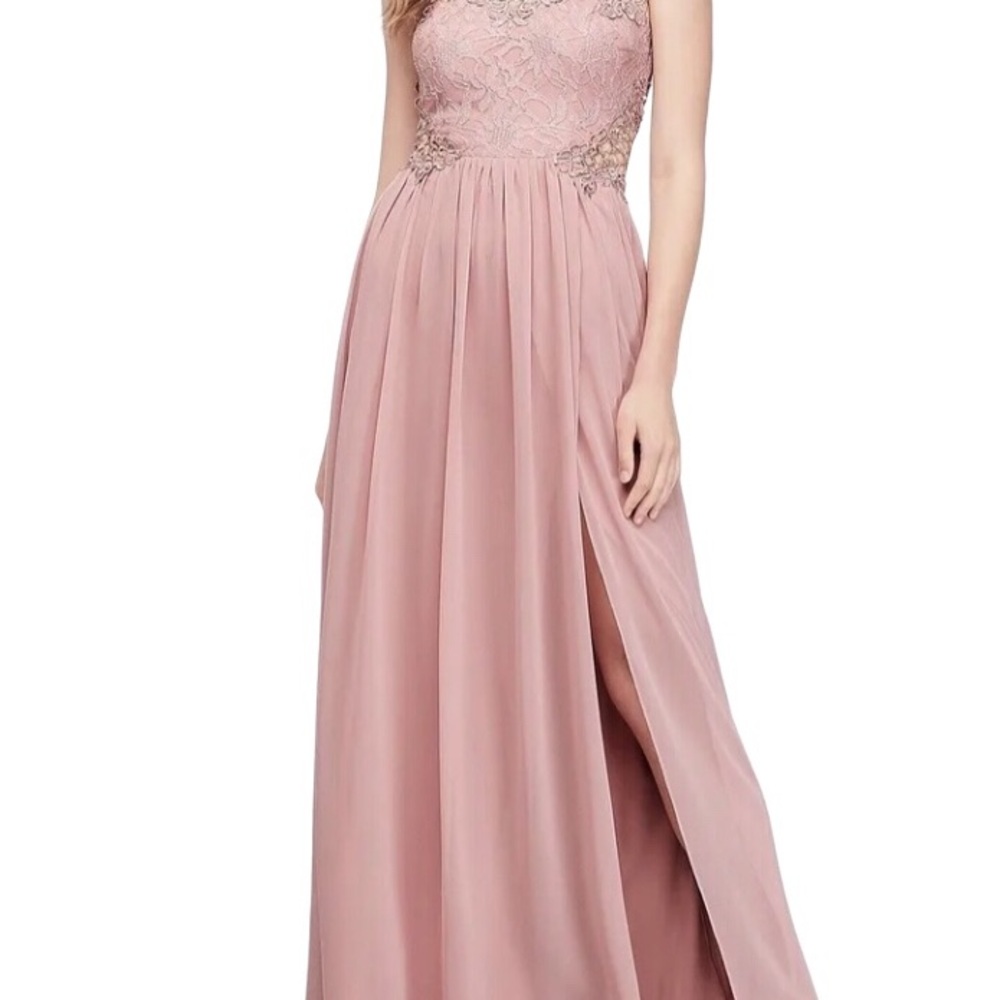David’s Bridal CityTriangles Long Formal Dress Chiffon Lace Crystals Blush 9